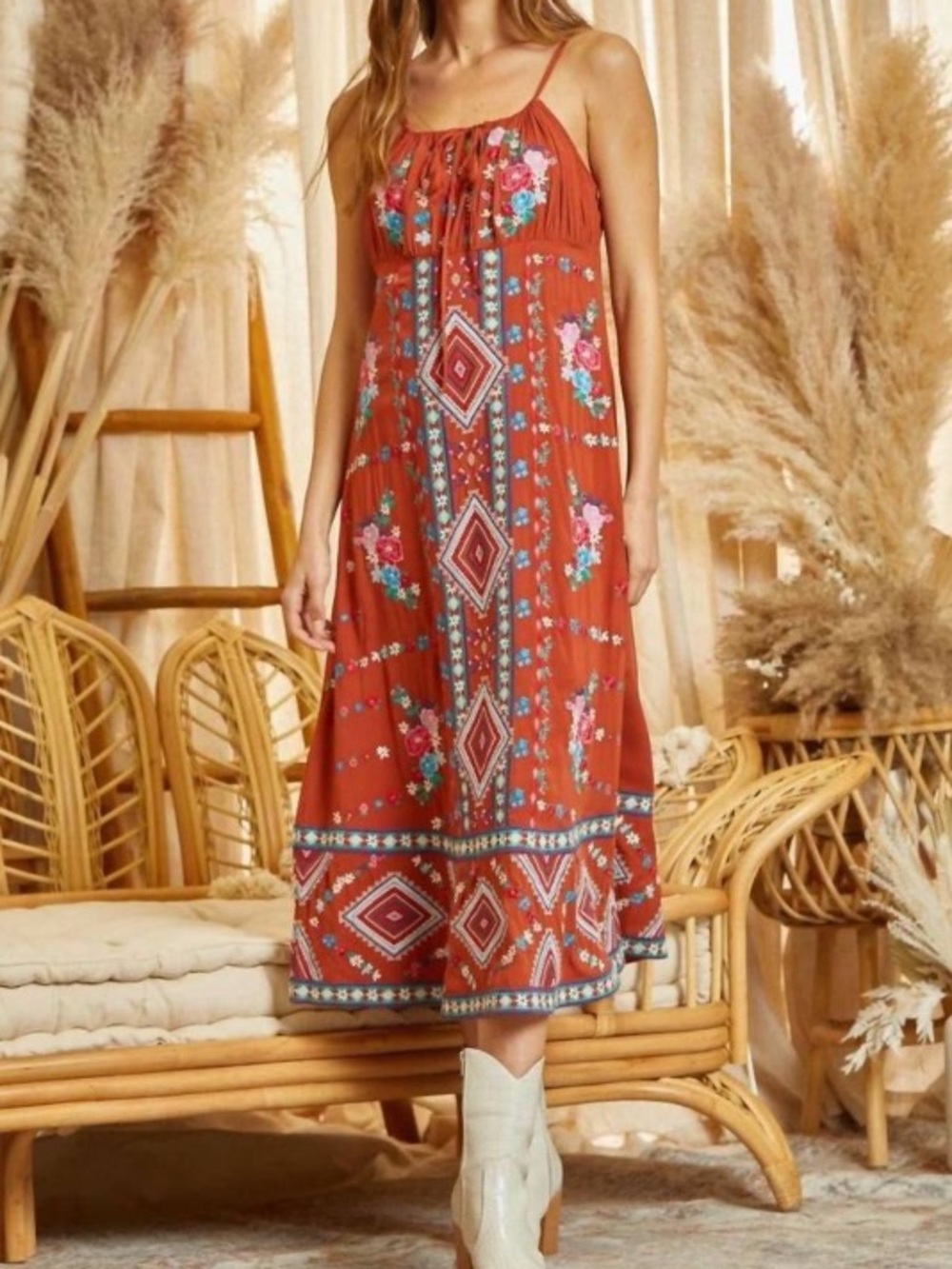 Savanna Jane Embroidered Midi Dress With Tie Front Details In Rust